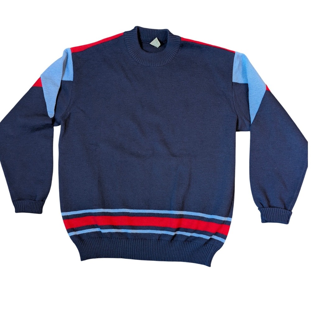 Vintage Pure New Wool Colorblock Striped Crewneck Sweater Navy Blue Red L